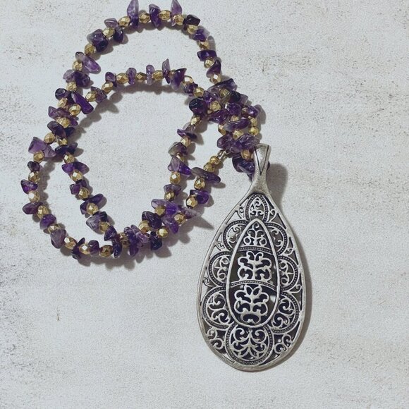 Amethyst Gold Plated Faceted Bead Strand Necklace Removable Pendant 12" Drop - Picture 1 of 8